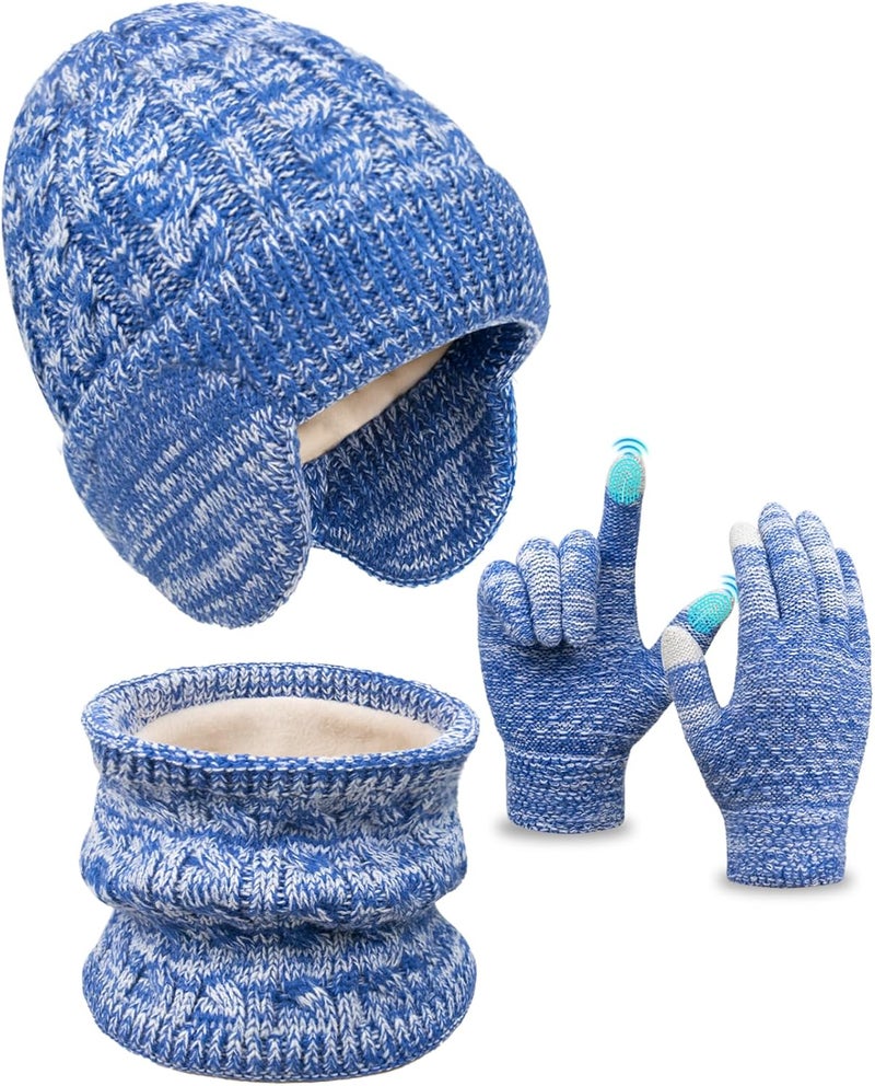 EAONE Kids Winter Hat Gloves Scarf Set,Toddler Girls Boys Beanie Hat with Earflaps,Knit Mittens & Neck Gaiter Warmer for Kids 4-12 - Image 1